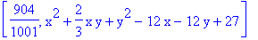 [904/1001, x^2+2/3*x*y+y^2-12*x-12*y+27]